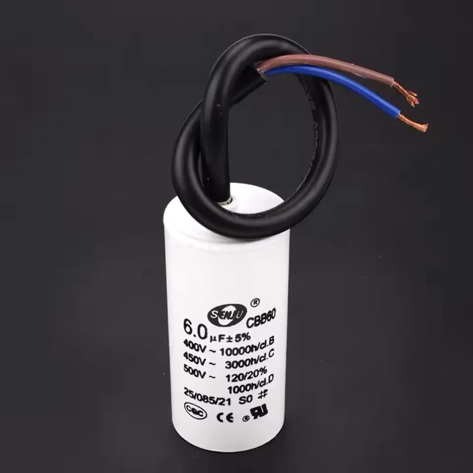 6µF 450VAC CBB60 motor run capacitor, stud mount with flying leads