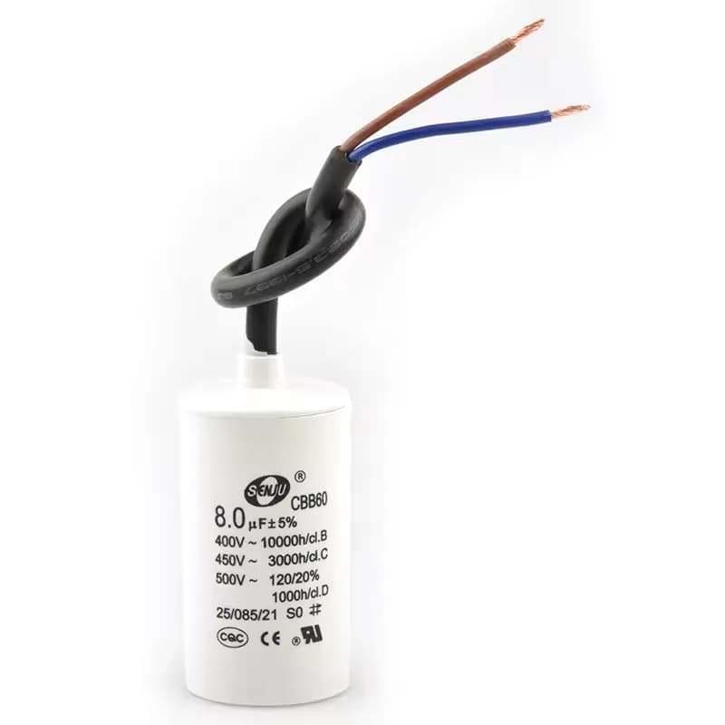 8µF 450VAC CBB60 motor run capacitor, stud mount with flying leads