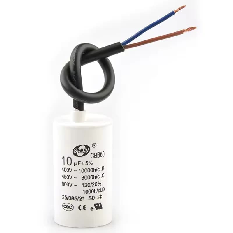 10µF 450VAC CBB60 motor run capacitor, stud mount with flying leads