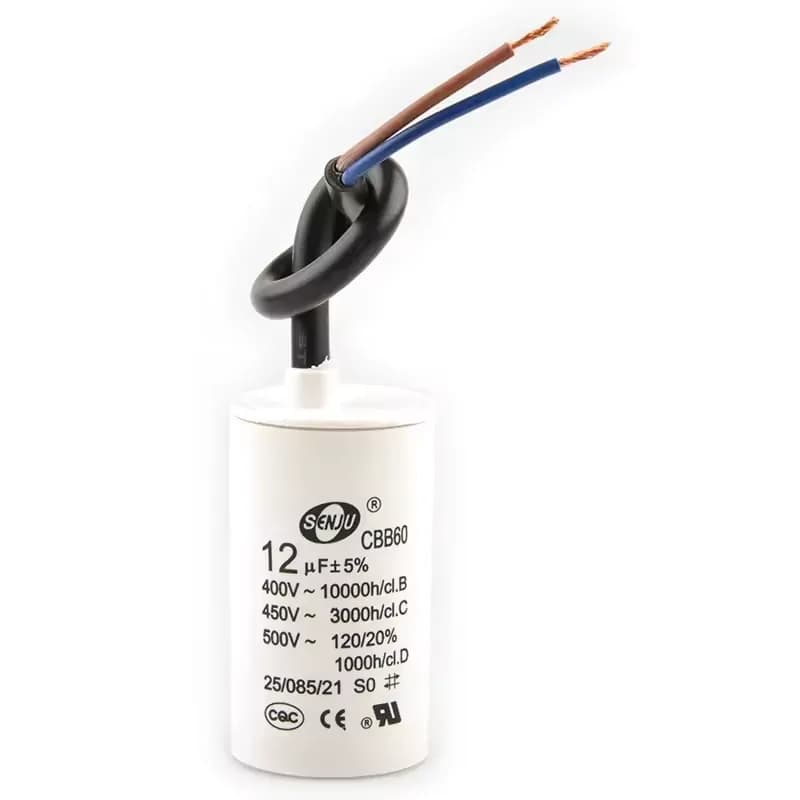 12µF 450VAC CBB60 motor run capacitor, stud mount with flying leads