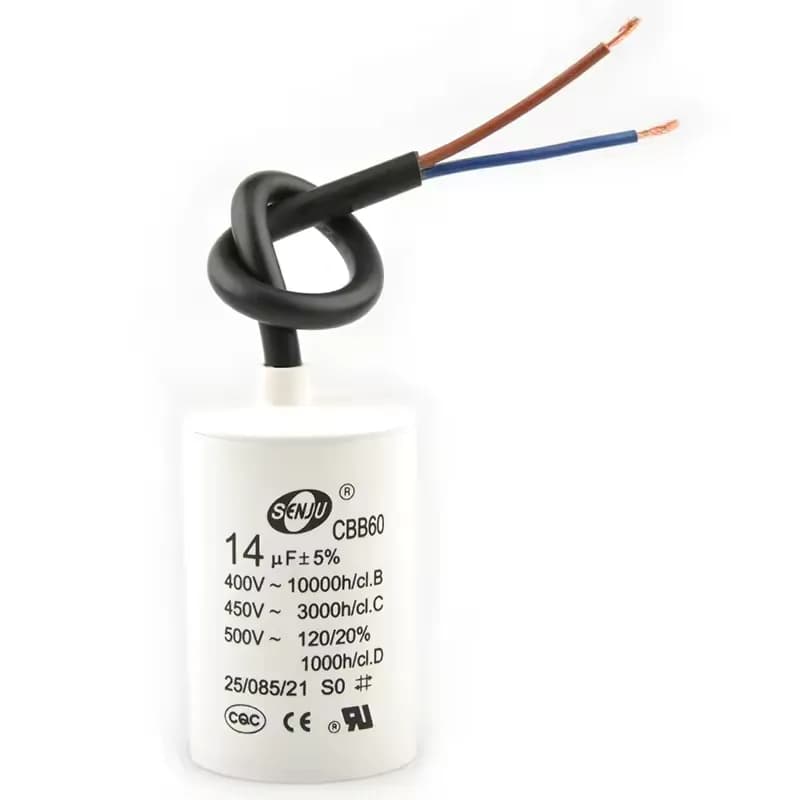14µF 450VAC CBB60 motor run capacitor, stud mount with flying leads