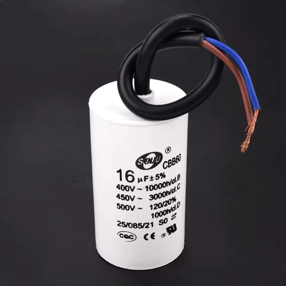16µF 450VAC CBB60 motor run capacitor, stud mount with flying leads
