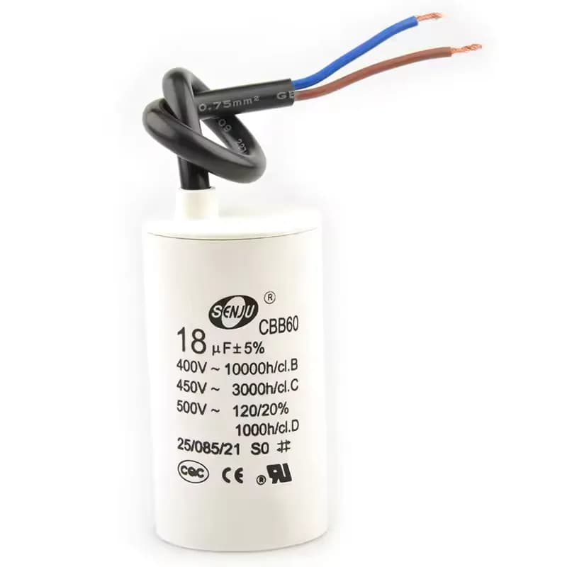 18µF 450VAC CBB60 motor run capacitor, stud mount with flying leads