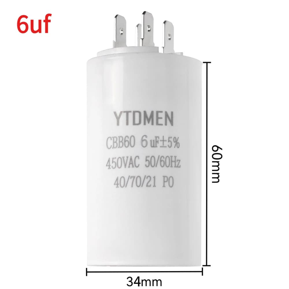 6µF 450VAC CBB60 motor run capacitor with spade terminals